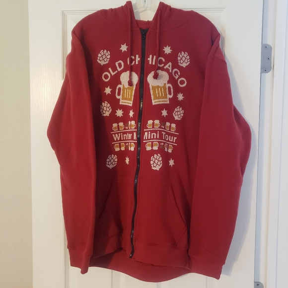 Old Chicago Ugly Christmas Sweater Beer Red Zipper Hoodie - Picture 1 of 3